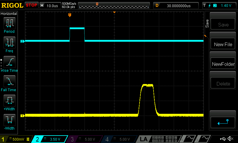 Oscilloscope screenshot showing that pulses do not align between cards - start edges are separated by more than 40 microseconds (and this gap fluctuates shot to shot).