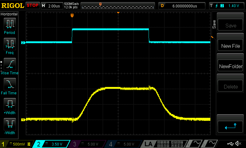 Oscilloscope screenshot showing that pulses are now aligned between the two cards. The only residual shift visible is due to the 4 microsecond AO rise time limited by the finite physical output bandwidth. This shift does not fluctuate shot to shot.